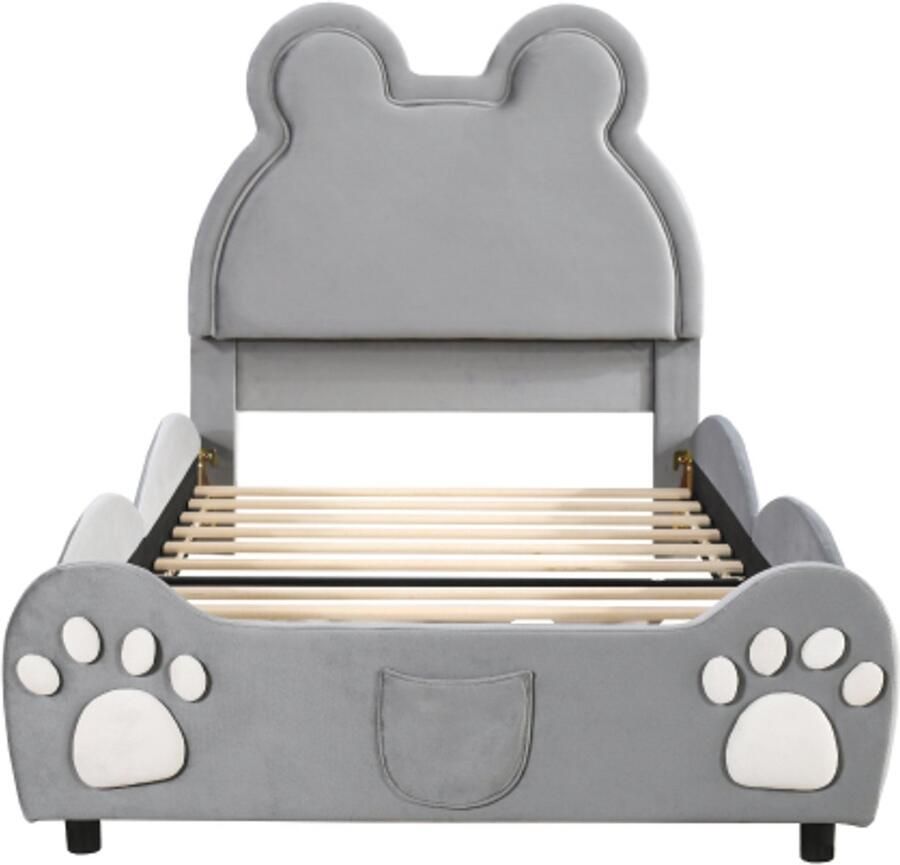 Gotagee Gestoffeerd kinderbed 90 x 200 cm beervorm. Eenpersoonsbed van fluweel grijs