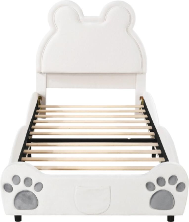 Gotagee Gestoffeerd kinderbed 90 x 200 cm beervorm. Eenpersoonsbed van fluweel wit