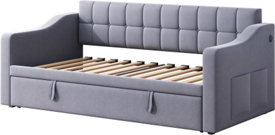 Gotagee Gestoffeerde bedbank 2 in 1 multifunctionele slaapbank 90 180 grijs fluwelen stof gestoffeerd bed met stopcontact en opbergzak