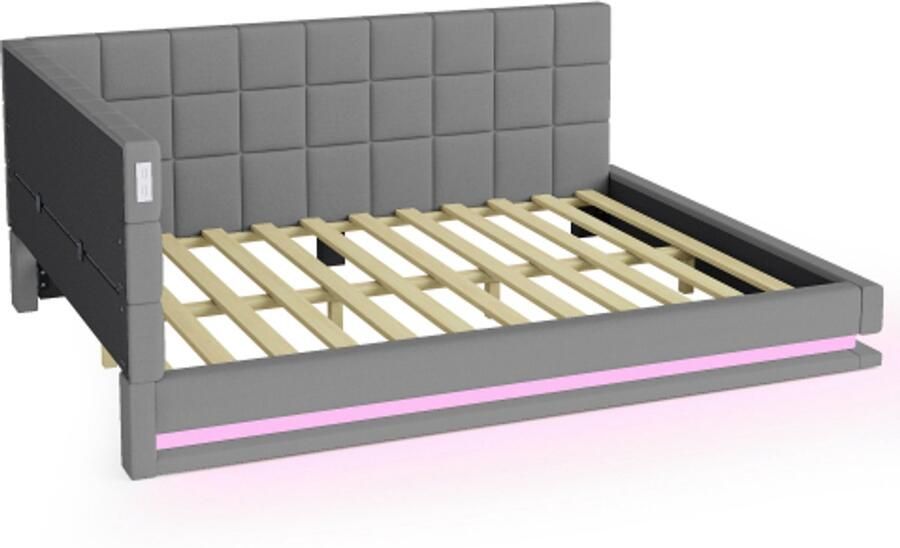 Gotagee Gestoffeerde slaapbank 140x200 multifunctioneel bed met LED-lichtstrip USB-aansluiting en lattenbodem fluwelen stof grijs