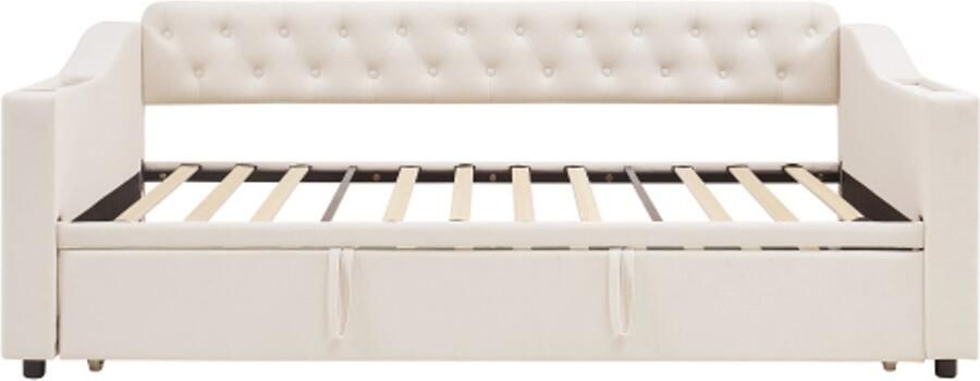 Gotagee Gestoffeerde slaapbank 90 180*190 cm met USB-oplaadpoort geïntegreerde opbergruimte in de armleuningen met opbergvakken met lattenbodem fluwelen stof beige