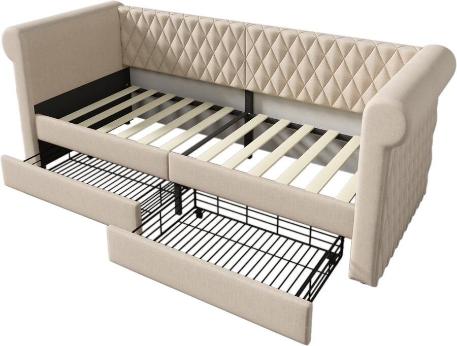 Gotagee Gestoffeerde slaapbank 90x200 cm met 2 opbergladen kinderbed jeugdbedframe met houten lattenbodem linnen beige (zonder matras)