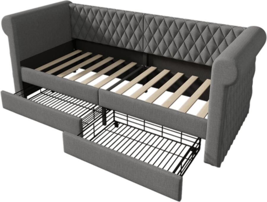 Gotagee Gestoffeerde slaapbank 90x200 cm met 2 opbergladen kinderbed jeugdbedframe met houten lattenbodem linnen grijs (zonder matras)