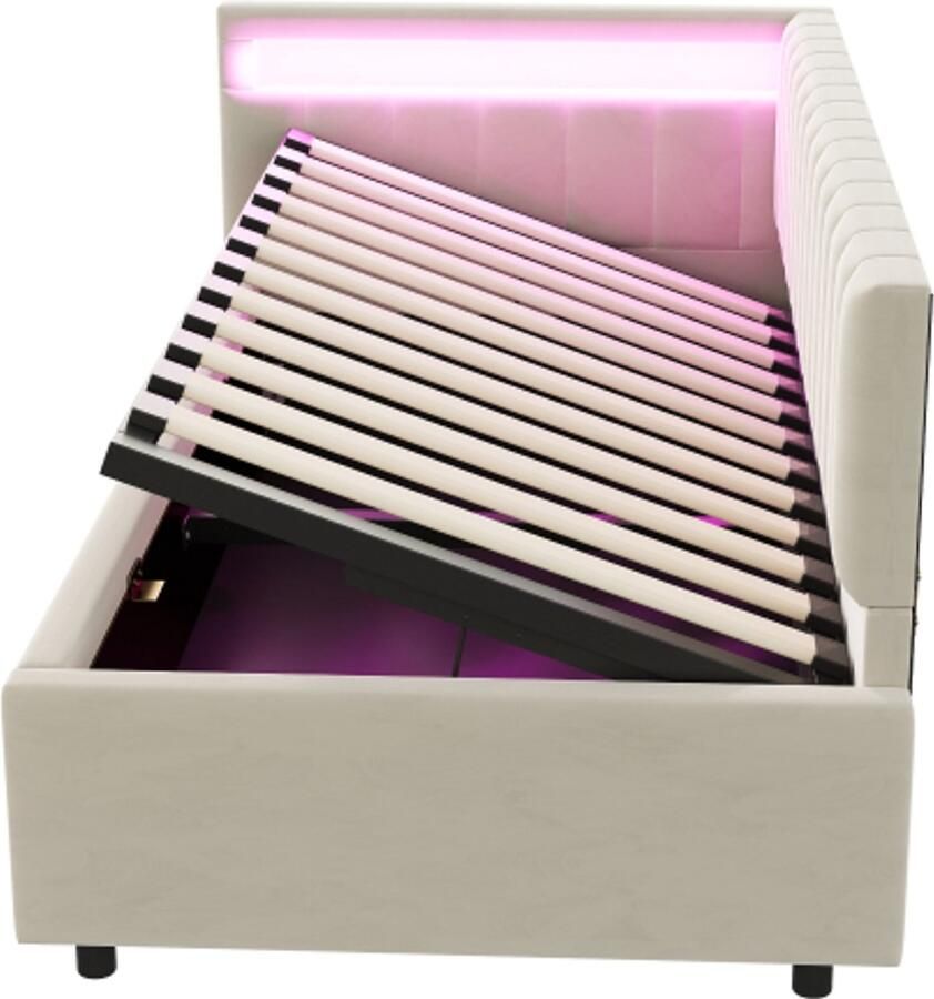 Gotagee Gestoffeerde slaapbank 90x200 met LED-verlichting en hydraulische opbergruimte verticaal streepdesign zijhoofdborden met verwisselbare posities lattenbodem fluwelen stof beige