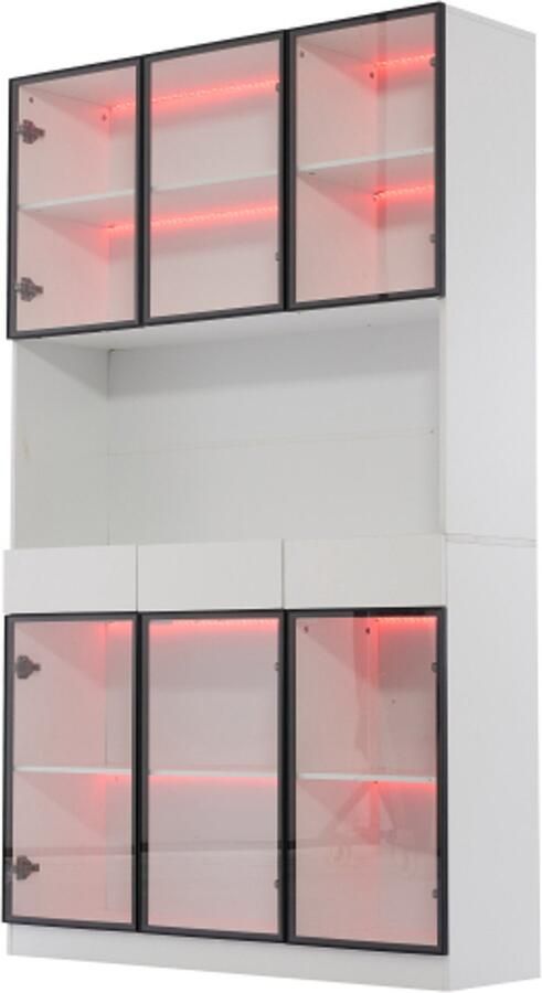 Gotagee Glazen kastdeur 200cm hoog witte vitrinekast met ledverlichting boekenkast met meerdere opbergruimtes voor collectie slaapkamer woonkamer kantoor wit zwart deurkozijn