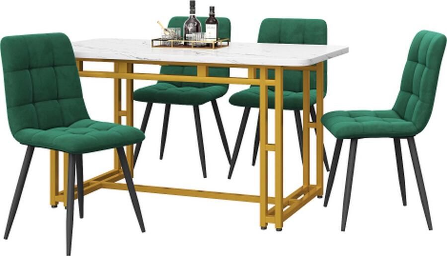 Gotagee Gouden Eettafel met 4 Stoelen Set 120x70cm Moderne Keuken Eettafel Set Donkergroen Fluweel Eetkamerstoel Gouden IJzeren Poot Tafel