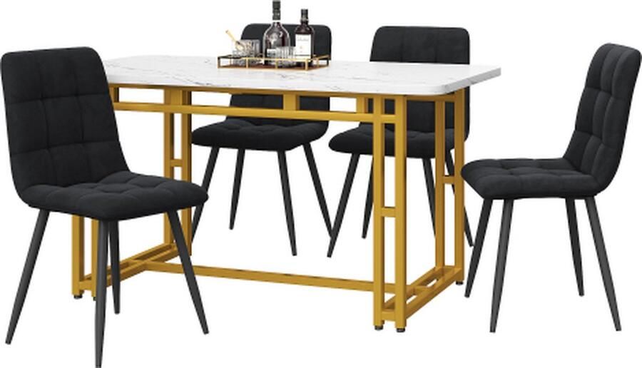Gotagee Gouden Eettafel met 4 Stoelen Set 120x70cm Moderne Keuken Eettafel Set Zwart Fluweel Eetkamerstoel Gouden IJzeren Poot Tafel