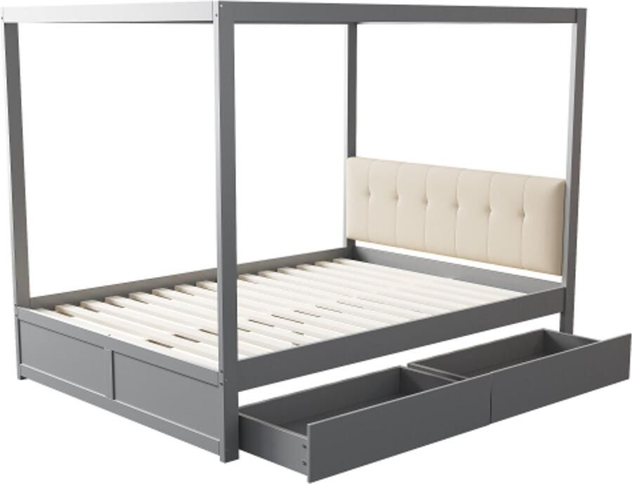 Gotagee Hemelbed 140x200 cm met grote lades en zachte rugleuning houten bed grijs zonder Matras