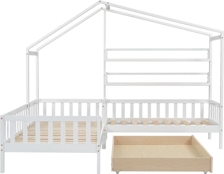 Gotagee Het huisbed voor kinderen vlak bed tweepersoonsbed Bed zonder matras met lades massief hout 90x200+140x70 cm zonder matras