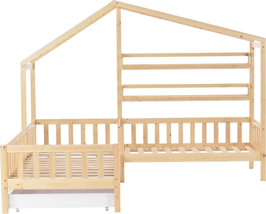 Gotagee Het huisbed voor kinderen vlak bed tweepersoonsbed Bed zonder matras met lades massief hout 90x200+140x70 cmzonder matras