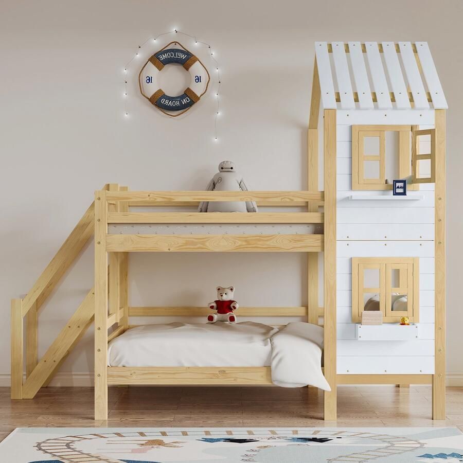 Gotagee Het kinderbed houten stapelbed huisbed vlak bed met valbeveiliging en hekwerk 90x200 cm Bed zonder matras