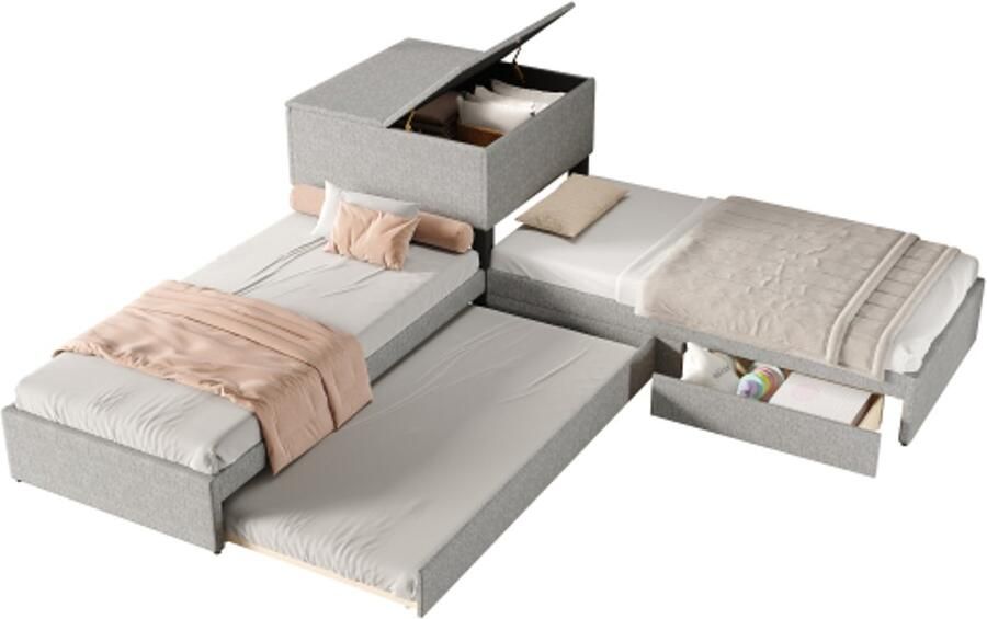 Gotagee Hoekbed 90x200 cm twee eenpersoonsbedden met uitschuifbaar bed gestoffeerd bed functioneel bed met opbergruimte met opbergkast lade zonder matras linnen grijs