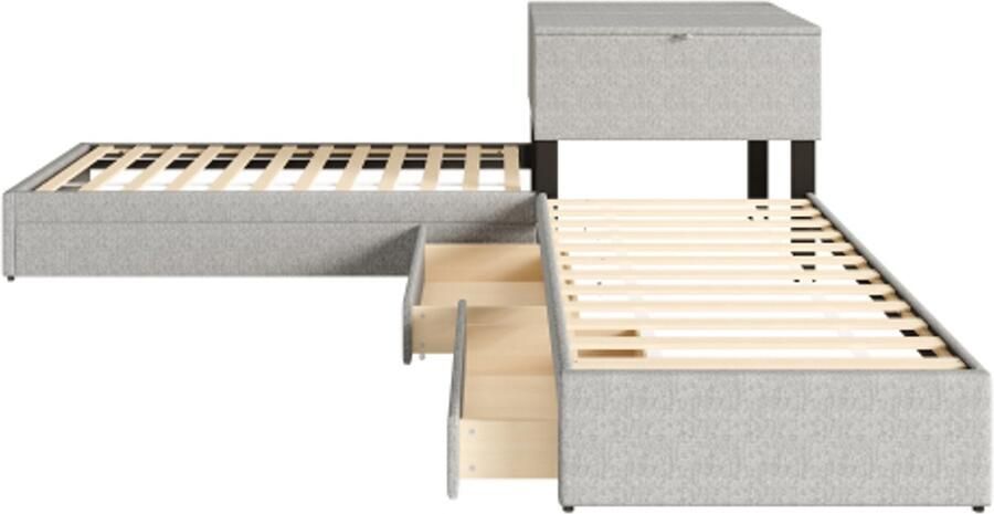 Gotagee Hoekbed twee eenpersoonsbedden met uitschuifbaar bed gestoffeerd bed functioneel bed met opbergruimte met opbergkast met opberglade met uitschuifbaar bed 90x200 cm zonder matras linnen grijs