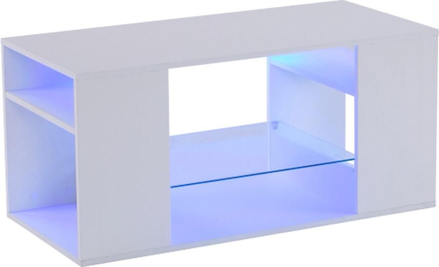 Gotagee Hoogglans Salontafel met Glas LED Salontafel Witte Koffietafel Meerdere Opbergvakken