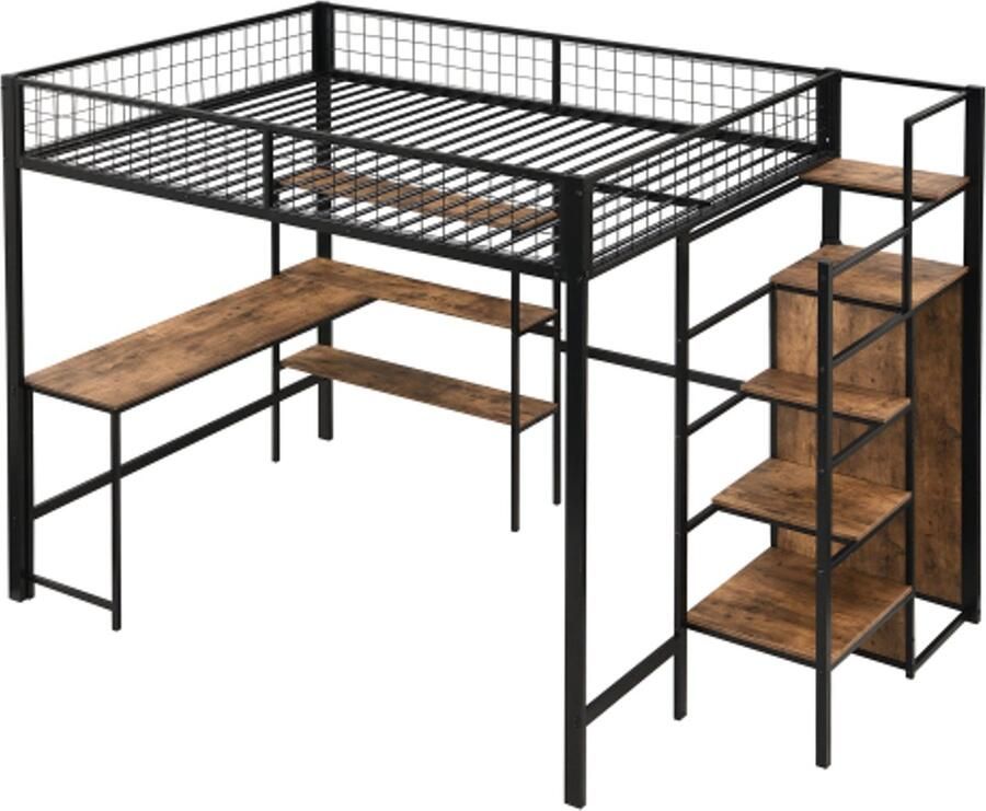 Gotagee Hoogslaper 140x200 cm ijzeren bed opbergladder legplanken zonder matras inbouwkast bureau zwart