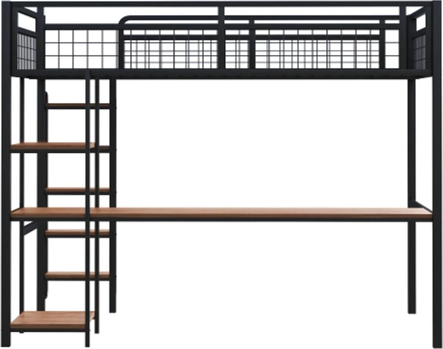 Gotagee Hoogslaper 140x200 cm veiligheidsladder met trap kinderbed met tafel en plank jeugdbed volwassenbed metalen gaasveiligheidshek metaal zwart
