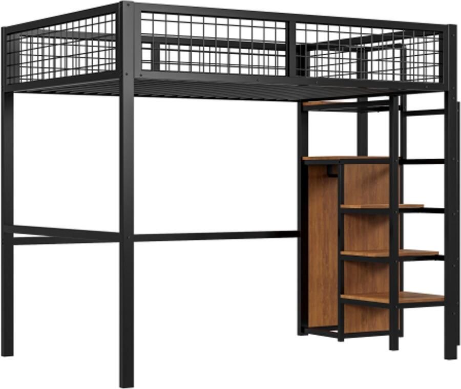 Gotagee Hoogslaper 140x200 met ladder kinderbed met ijzeren frame en opbergplank zwarte kledingkast(zonder matras)