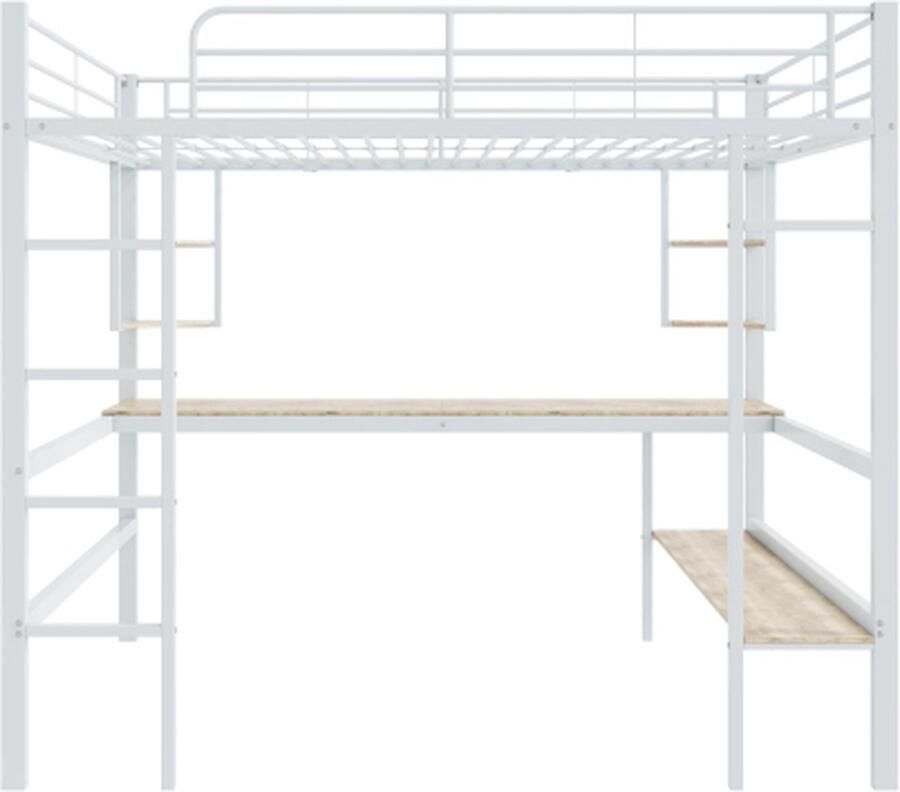 Gotagee Hoogslaper 140x200cm bedframe metalen bed ijzeren bed met bureau zonder matras hoogslaper met vier kleine planken en een grote boekenkast voor kinderen tieners en volwassenen