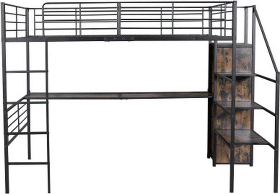 Gotagee Hoogslaper 140x200cm ijzeren bed (zonder matras) metalen bed tweepersoonsbed jeugdbed zwart met bureau kledingkast en opbergtrap