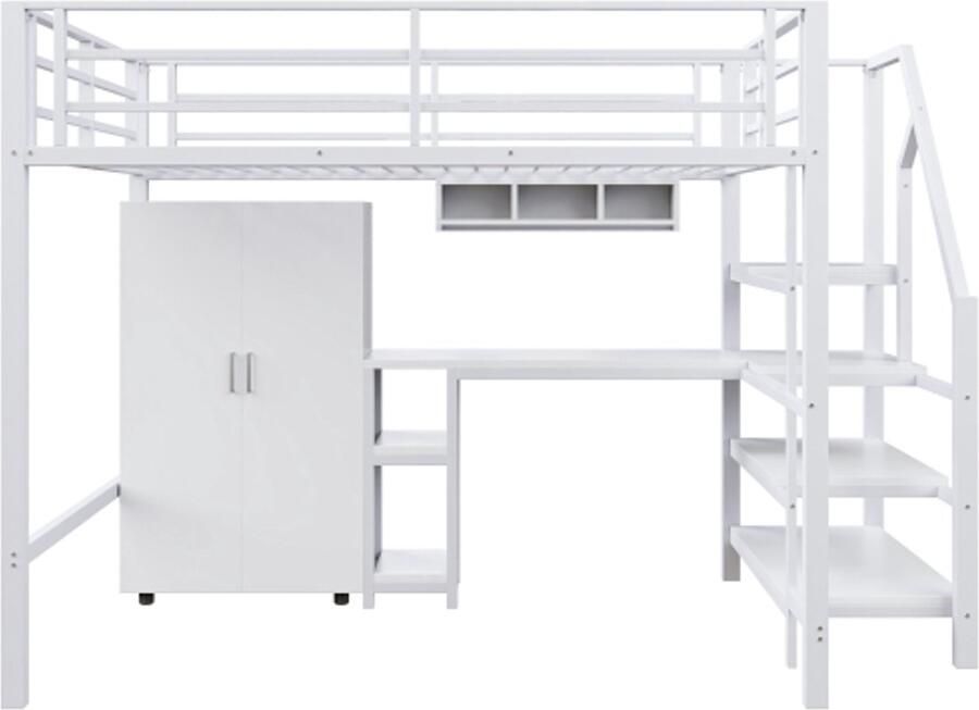 Gotagee Hoogslaper 140x200cm kledingkast planken opbergladder bureau zonder matras wit