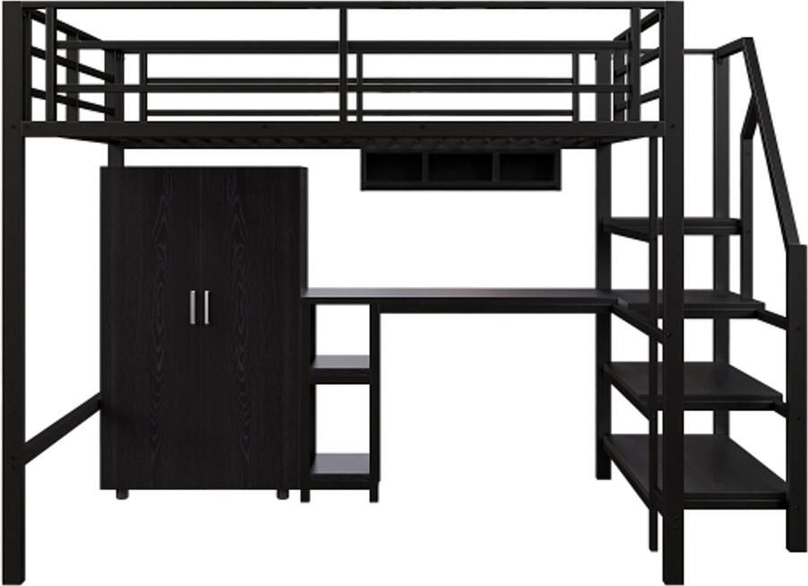 Gotagee Hoogslaper 140x200cm kledingkast planken opbergladder bureau zonder matras zwart