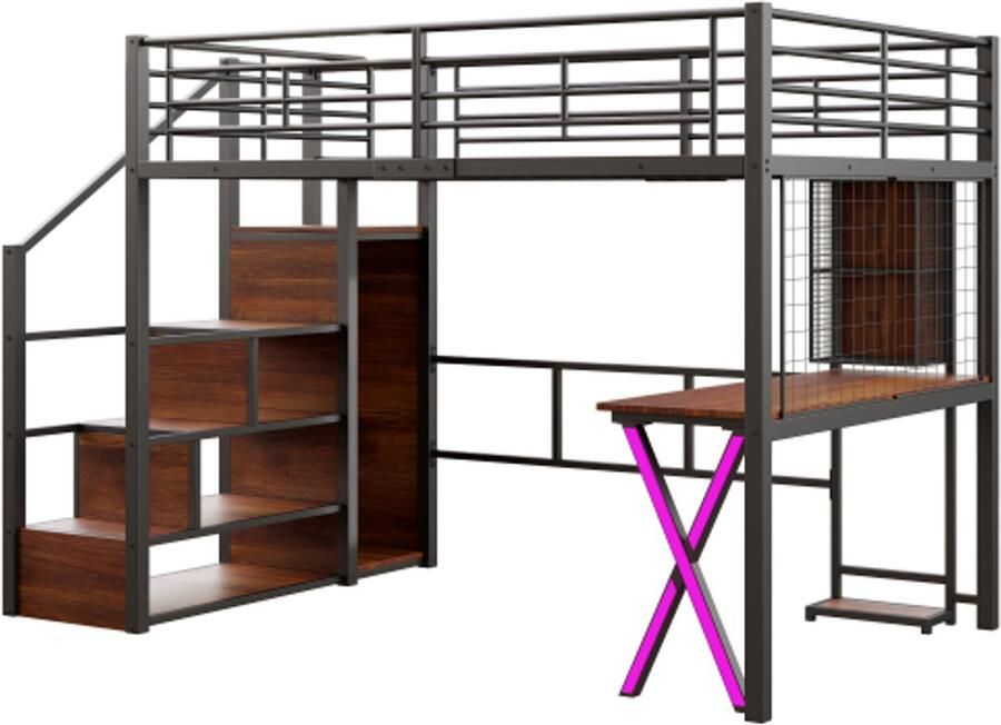 Gotagee Hoogslaper 140x200cm sfeerverlichting met afstandsbediening opbergladder bureau kledingkast planken zonder matras zwart