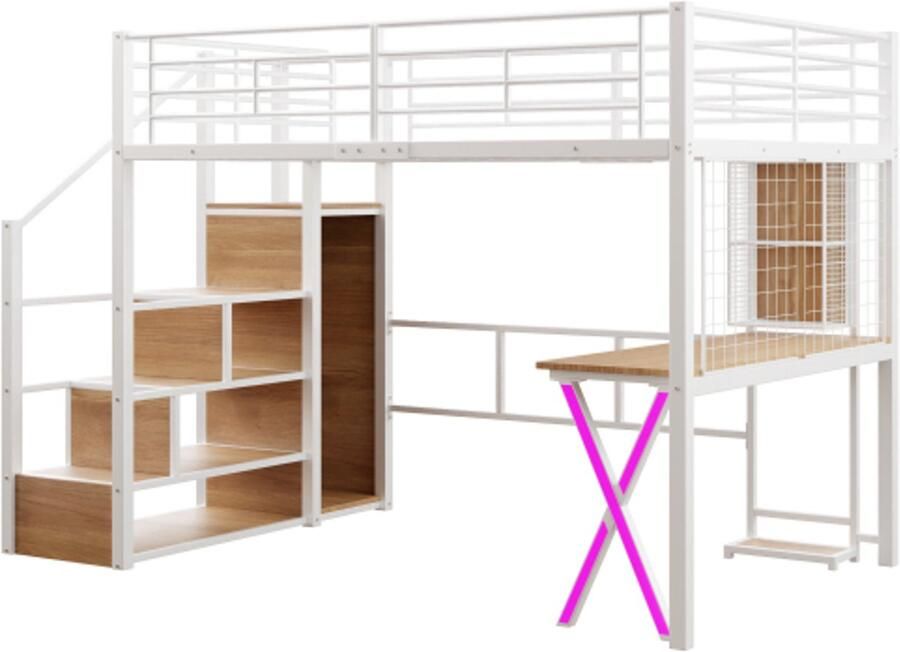 Gotagee Hoogslaper 140x200cm sfeerverlichting met afstandsbediening opbergladder bureau kledingkast planken zonder matras wit