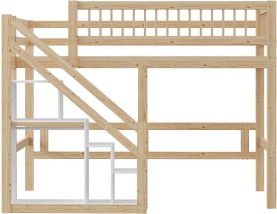 Gotagee Hoogslaper 140x200cm trap met opbergkast hoge leuning kinderbed jeugdbed houten bedframe Houtkleur