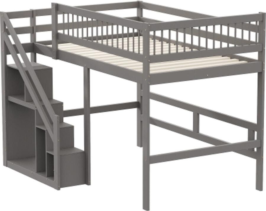 Gotagee Hoogslaper 140x200cm trap met opbergkast hoge leuning kinderbed jeugdbed houten bedframe grijs
