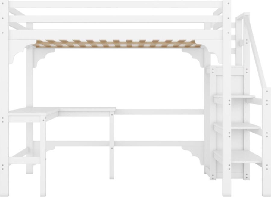 Gotagee Hoogslaper 140x200cm tweepersoonsbed (zonder matras) jeugdbed massief houten bed houten bed met L-vormig bureau en open kledingkast grenen wit