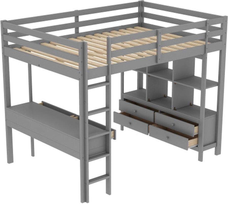 Gotagee Hoogslaper 90 x 200 cm kinderbed met opberglades en onderbedbureau zonder matras Grijs