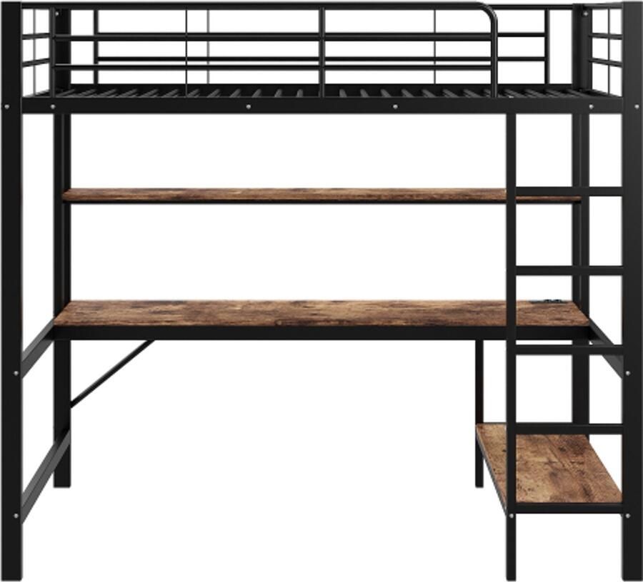 Gotagee Hoogslaper 90 x 200 cm leuning trap met USB en stopcontact met ledverlichting bureau meerlaagse plank zonder matras metaal zwart