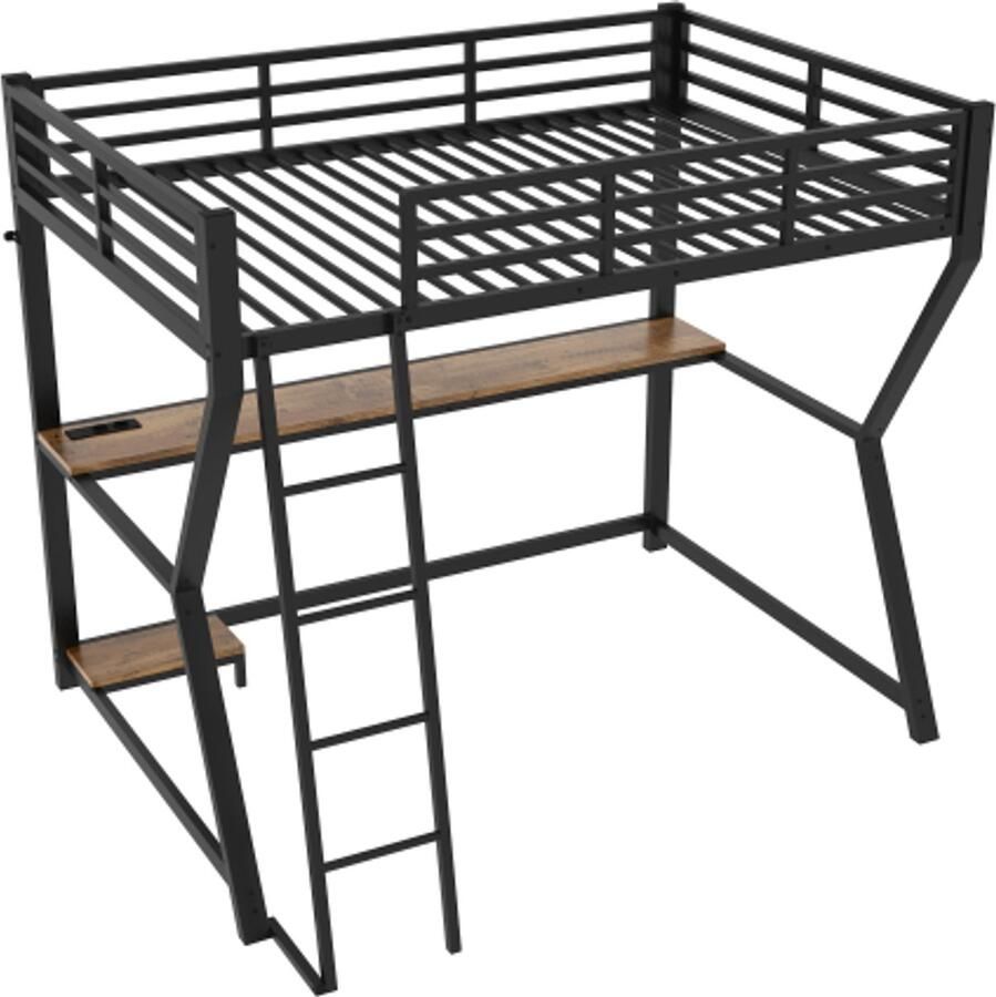 Gotagee Hoogslaper 90 x 200 cm met ledverlichting computerconsoleplank bureau stopcontact + USB leuning trap zonder matras zwart