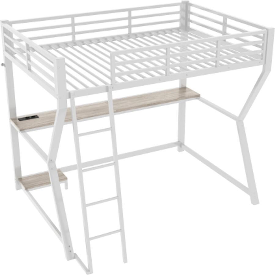 Gotagee Hoogslaper 90 x 200 cm met ledverlichting computerconsoleplank bureau stopcontact + USB leuning trap zonder matras wit