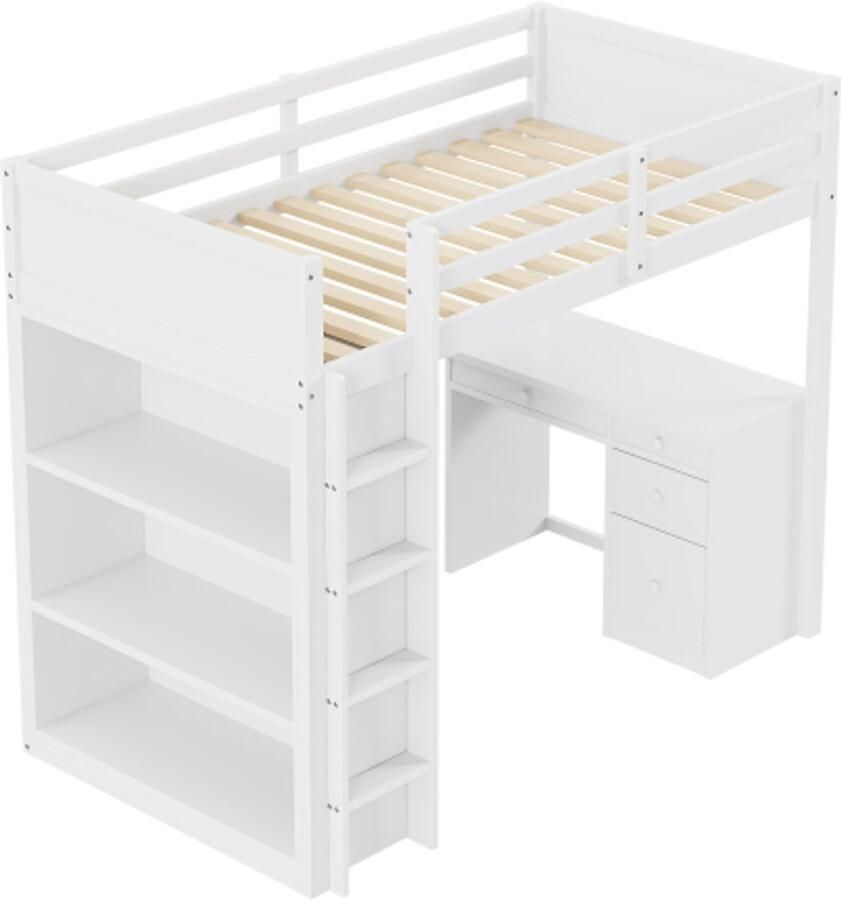 Gotagee Hoogslaper 90 X 200 cm met opbergkasten en computerbureau multifunctioneel hoogslaper voor kinderen van hout in wit