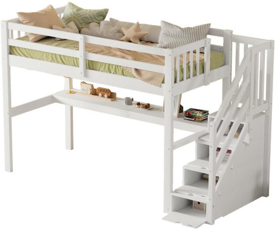 Gotagee Hoogslaper 90 x 200 eenpersoonsbed kinderbed met opberglades en onderbedbureau wit