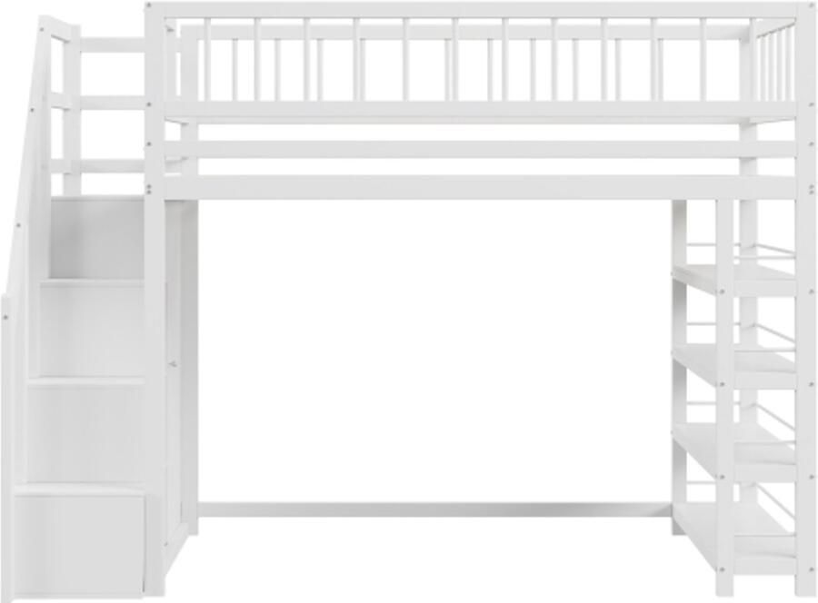 Gotagee Hoogslaper 90 x 200 hoge veiligheidsconstructie met kledingkast planken en opbergruimte met veiligheidsklimladder multifunctioneel bed wit