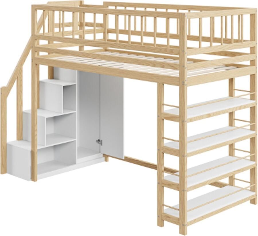 Gotagee Hoogslaper 90 x 200 hoog hek veiligheidsdesign met kledingkast planken en opbergruimte met veiligheidsklimladder multifunctioneel bed houtkleur