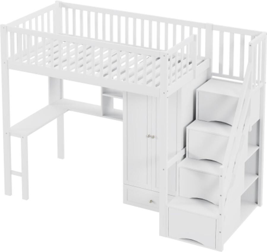 Gotagee Hoogslaper 90 x 200 met grote kledingkastplank en tafel opbergruimte trap houten bedframe wit