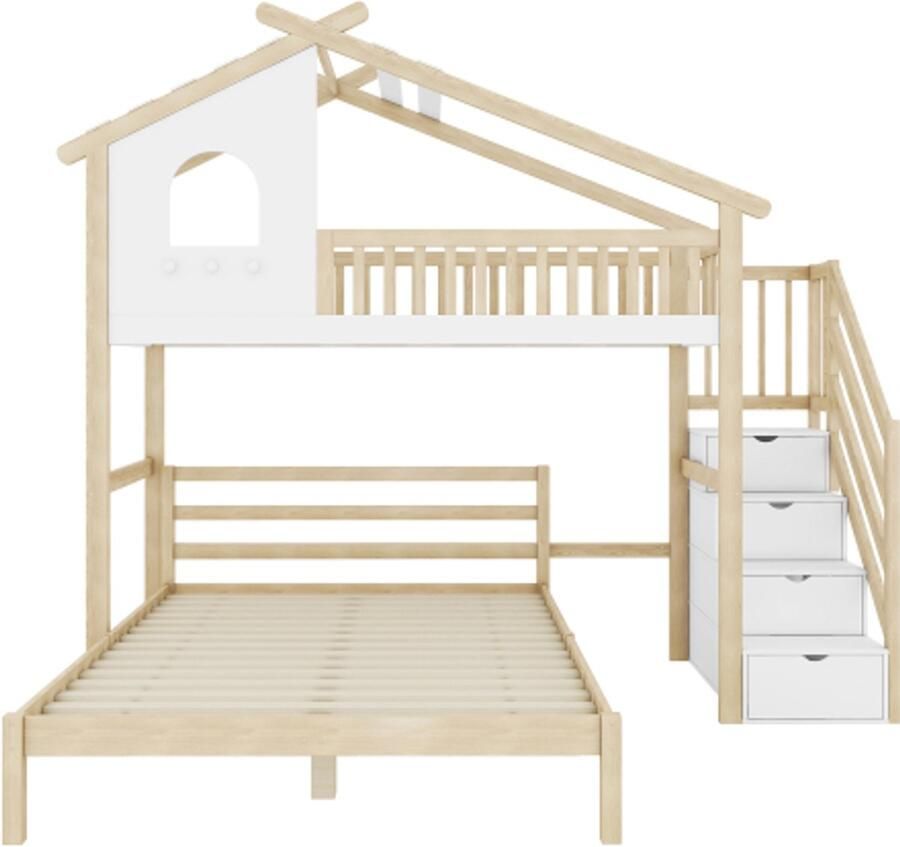 Gotagee hoogslaper 90x200 cm bedbodem vloerbedekking raam huiskamer onderbed 140x200 cm wit + natuur Zonder matras