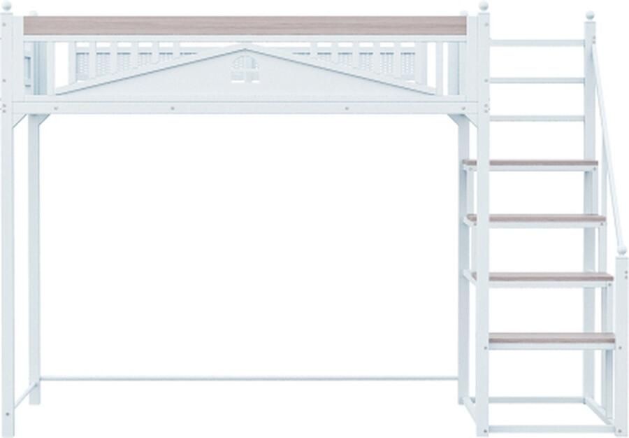 Gotagee Hoogslaper 90x200 cm IJzeren bed (zonder matras) met veiligheidshek en houten spijlen metalen bol vensterontwerp en opbergladder wit