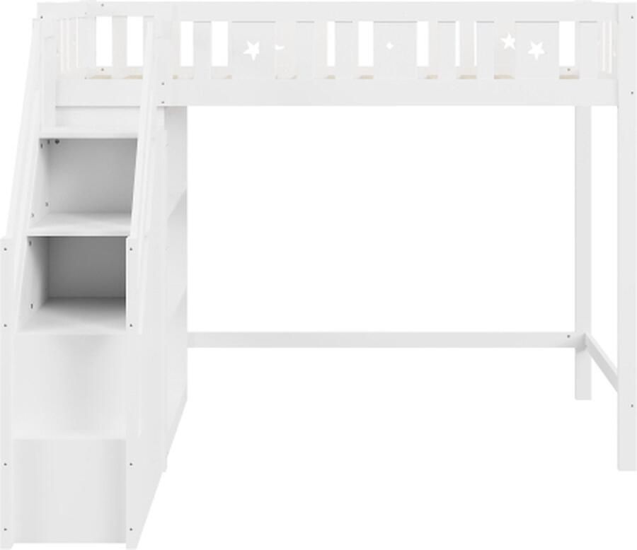 Gotagee Hoogslaper 90x200 cm met Opbergruimte Trap en Planken Eenpersoonsbed Jeugdbed Kinderbed Houten Frame