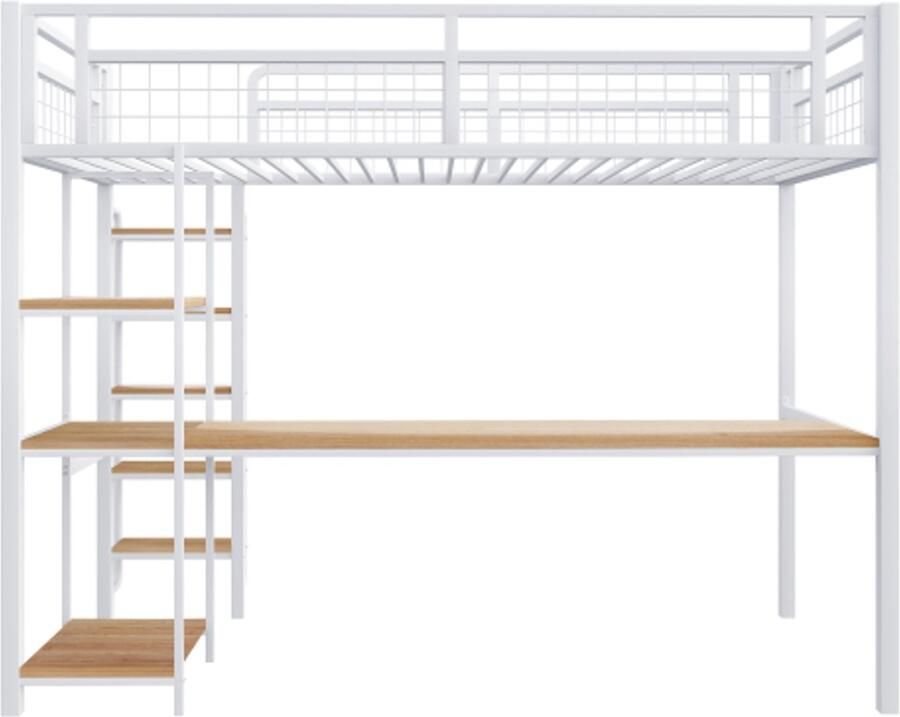 Gotagee Hoogslaper 90x200 cm veiligheidsladder met trap kinderbed met tafel en plank jeugdbed volwassenbed metalen gaasveiligheidshek metaal wit