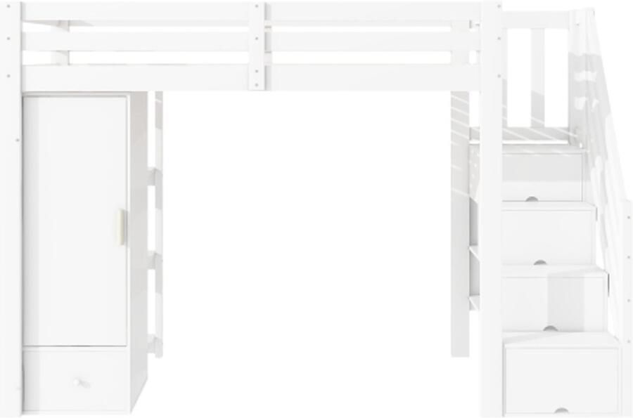 Gotagee Hoogslaper 90x200 cm Zonder matras Leuning Opbergbare ladder Laden Kledingkast Meerdere legplanken Wit