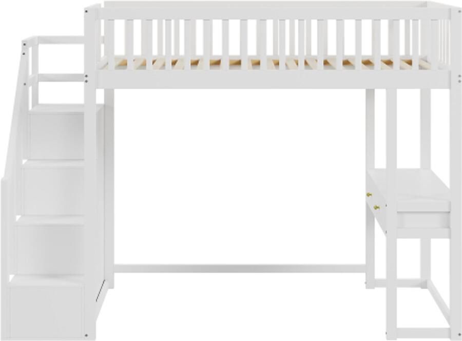 Gotagee Hoogslaper 90x200 met multifunctionele tafel veilige opbergtrap voor kinderen en tieners Wit