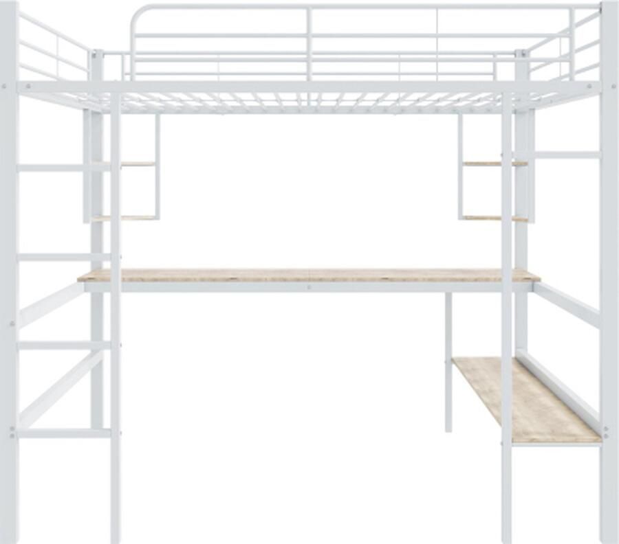 Gotagee Hoogslaper 90x200cm bedframe metalen bed ijzeren bed met bureau zonder matras hoogslaper met vier kleine planken en een grote boekenkast voor kinderen tieners en volwassenen