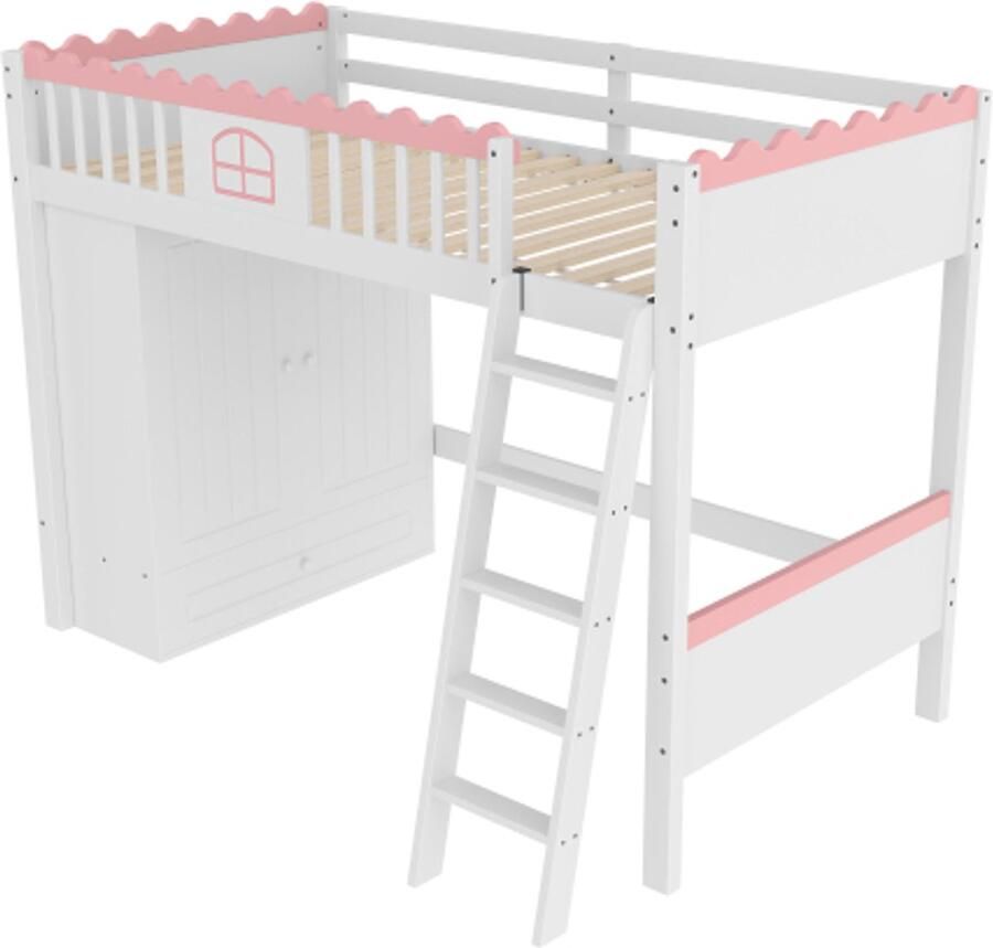 Gotagee Hoogslaper 90x200cm eenpersoonsbed (zonder matras) kinderbed met ledverlichting met kledingkast met opberglade grenenhout wit roze