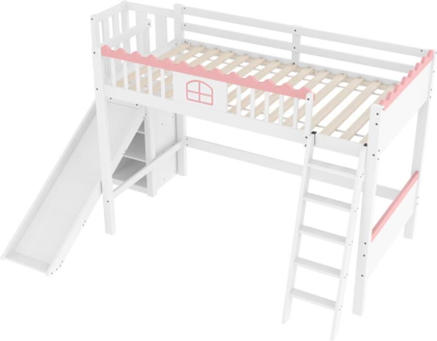 Gotagee Hoogslaper 90x200cm eenpersoonsbed (zonder matras) kinderbed met ledverlichting met planken met glijbaan grenenhout wit roze