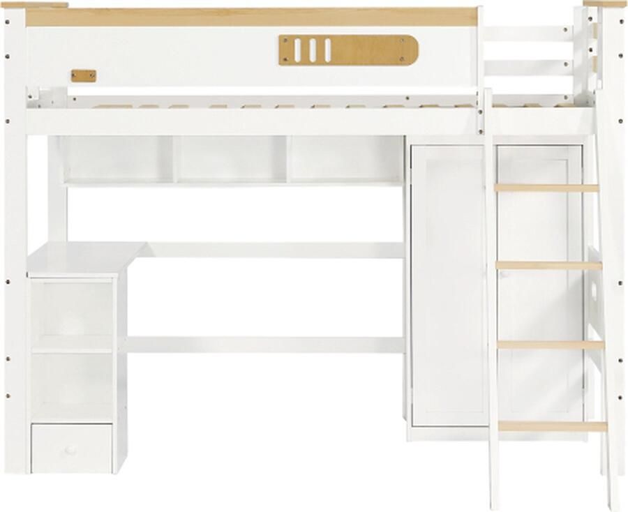 Gotagee Hoogslaper 90x200cm huisbed (zonder matras) kinderbed met veiligheidshekje tafel en kledingkast met ladder en open plank wit+naturel