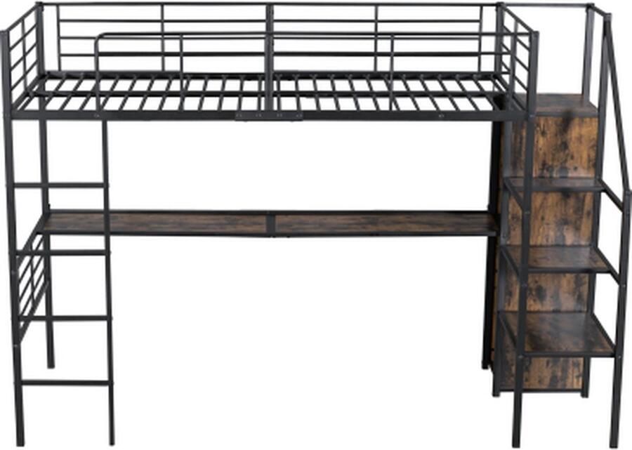 Gotagee Hoogslaper 90x200cm ijzeren bed (zonder matras) metalen bed tweepersoonsbed jeugdbed zwart met bureau kledingkast en opbergtrap